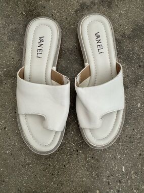 Vaneli White Slide Sandals with Silver Trim